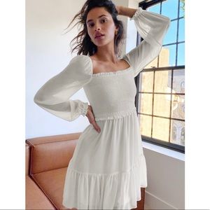 Wilfred Tempest Dress in Light Birch / Size Small / Tiered Mini Smocked Aritzia